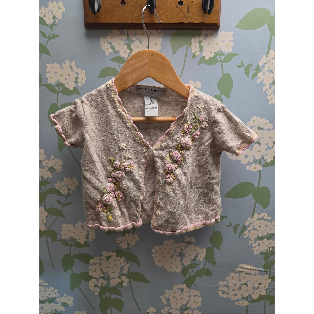 Jonathan Martin Kids Linen Blend Floral Embroidered Cardigan Tan Pink Size 5